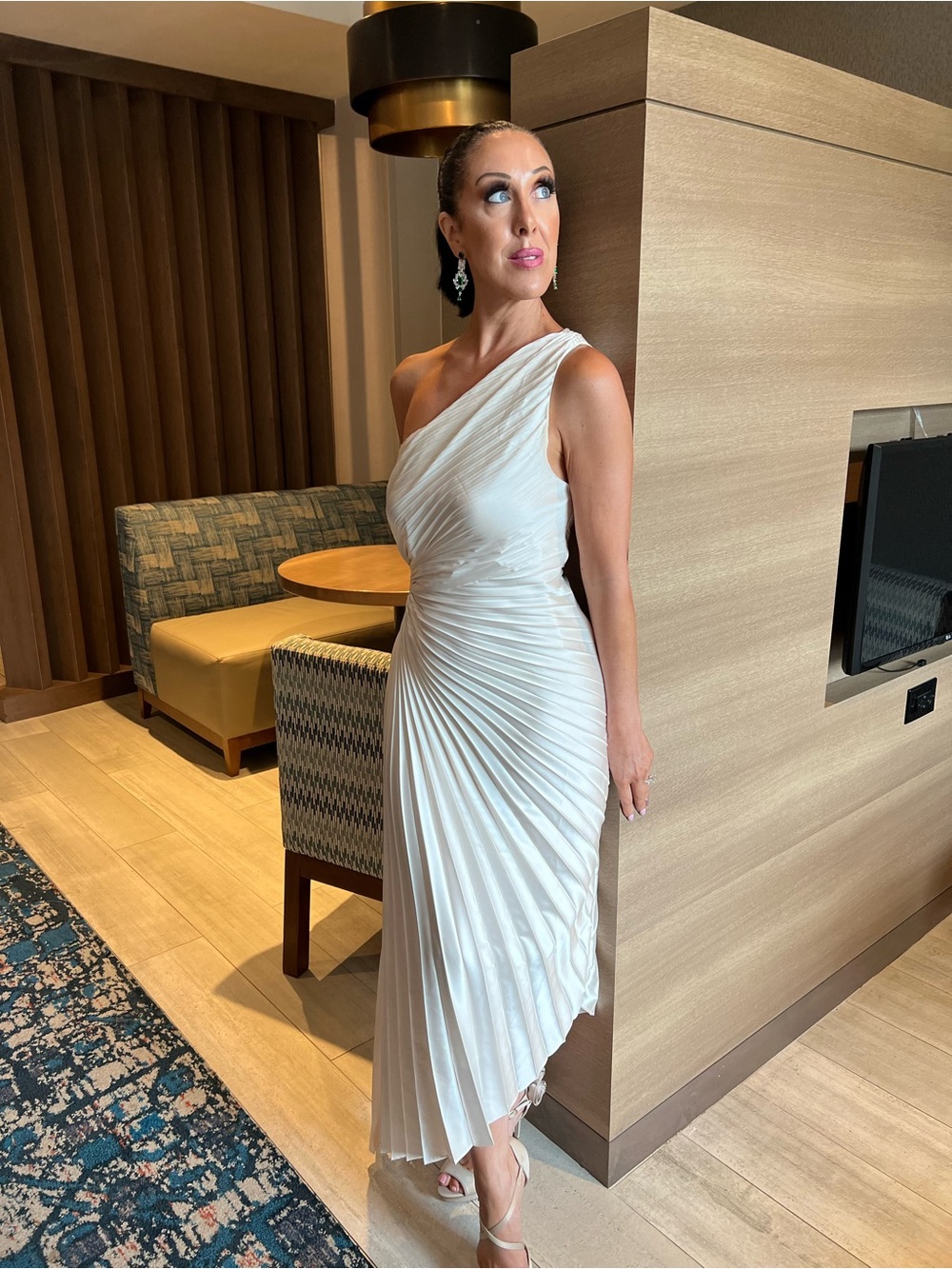 One-Shoulder White Pleated Midi Dress